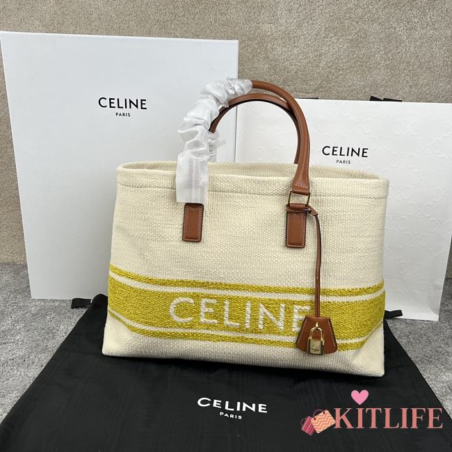 Kitlife Celine Plein Soleil Textile Calfskin Horizontal Cabas Bag Cream Yellow 44x32x16cm - 1