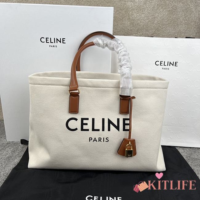 Kitlife Celine Plein Soleil Textile Calfskin Horizontal Cabas Bag Cream 44x32x16cm  - 1