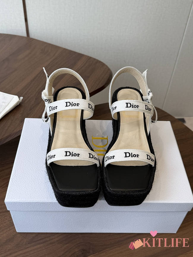 Kitlife Dior J'Adior Wedge Slide with Straps White Embroidered Cotton and Black Raffia - 1