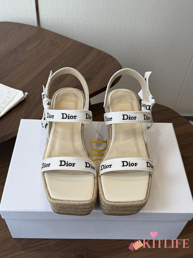 Kitlife Dior J'Adior Wedge Slide with Straps White Embroidered Cotton and Beige Raffia  - 1