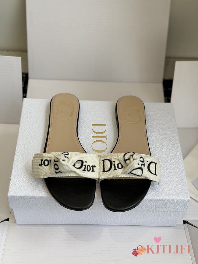 Kitlife Dior J'Adior Heeled Slide Black Embroidered Cotton - 1