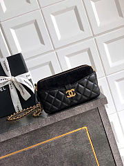 Kitlife Chanel Suede Shiny Lambskin Quilted Phone Holder With Chain Black 10x17.5x3cm - 1