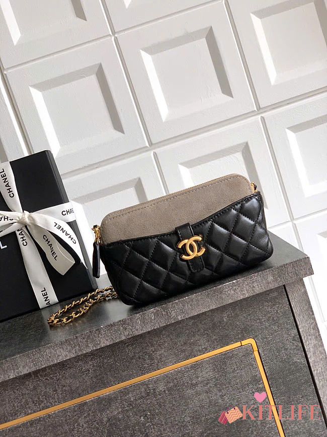 Kitlife Chanel Suede Shiny Lambskin Quilted Phone Holder With Chain Black & Grey 10x17.5x3cm  - 1