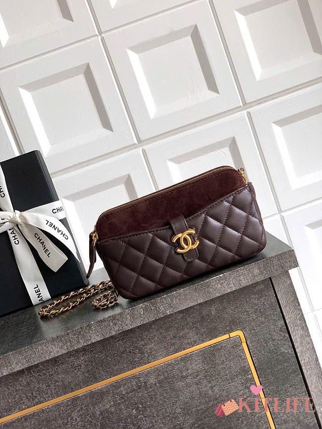 Kitlife Chanel Suede Shiny Lambskin Quilted Phone Holder With Chain Dark Brown 10x17.5x3cm  - 1