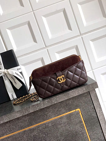 Kitlife Chanel Suede Shiny Lambskin Quilted Phone Holder With Chain Dark Brown 10x17.5x3cm 