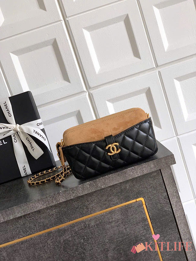 Kitlife Chanel Suede Shiny Lambskin Quilted Phone Holder With Chain Black Beige 10x17.5x3cm - 1