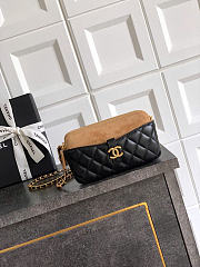 Kitlife Chanel Suede Shiny Lambskin Quilted Phone Holder With Chain Black Beige 10x17.5x3cm - 1