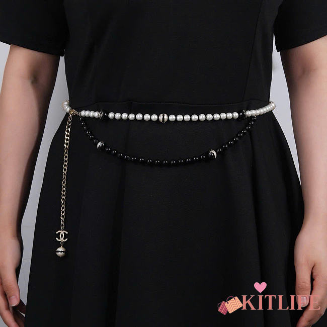 Kitlife Chanel Classic CC Logo Waist Chain Black & White Pearl - 1