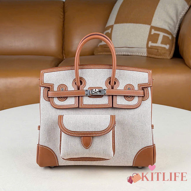 Kitlife Hermes Birkin 25 Cargo Ecru-Beige Toile H and Gold Swift Palladium Hardware - 1