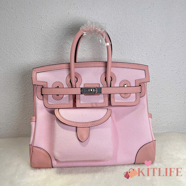 Kitlife Hermes Birkin 25 Cargo Pink Toile H and Gold Swift Palladium Hardware - 1