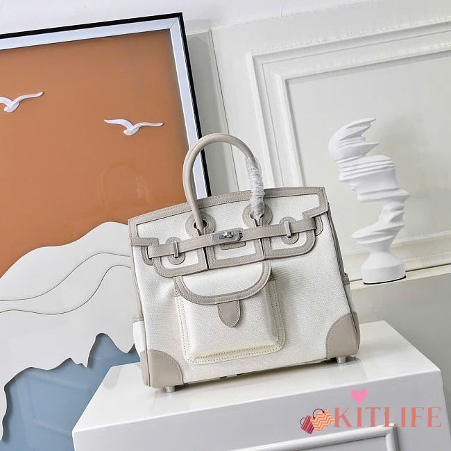 Kitlife Hermes Birkin 25 Cargo White & Grey Toile H and Gold Swift Palladium Hardware - 1