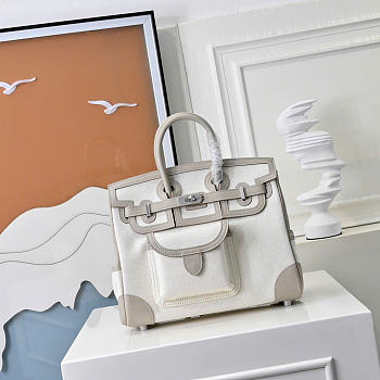 Kitlife Hermes Birkin 25 Cargo White & Grey Toile H and Gold Swift Palladium Hardware