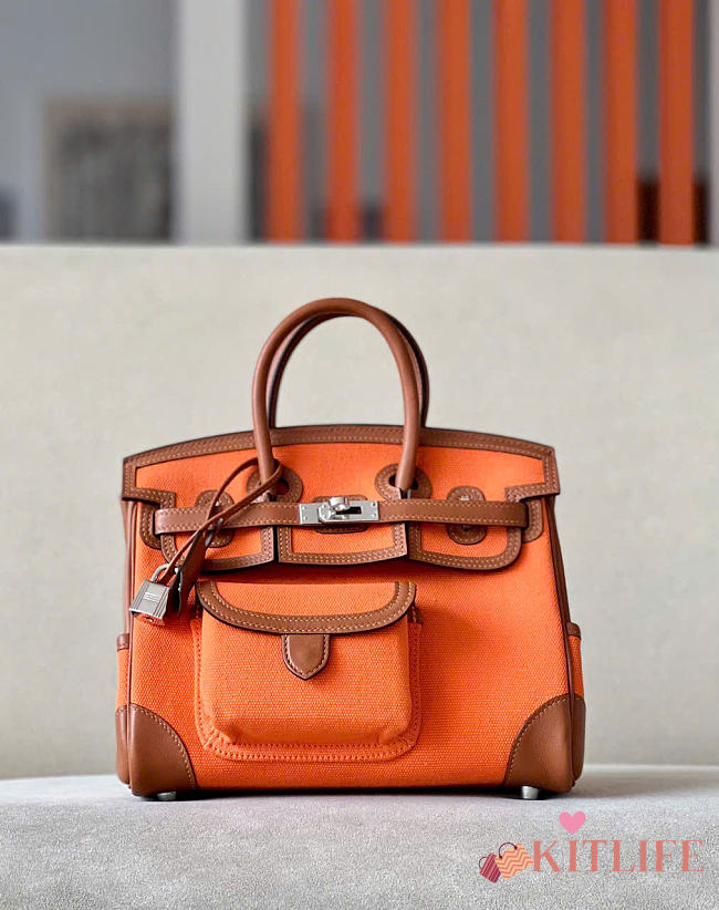 Kitlife Hermes Birkin 25 Cargo Orange Toile H and Gold Swift Palladium Hardware - 1