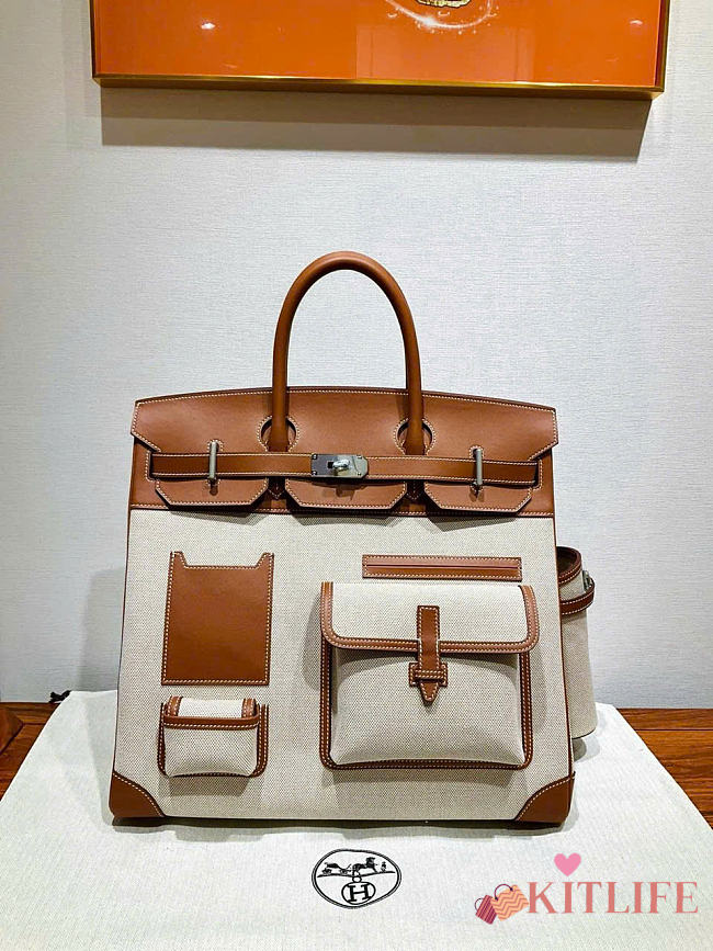 Kitlife Hermes Birkin Cargo HAC 40cm Brown Swift Leather & Beige Canvas Patchwork Bag  - 1