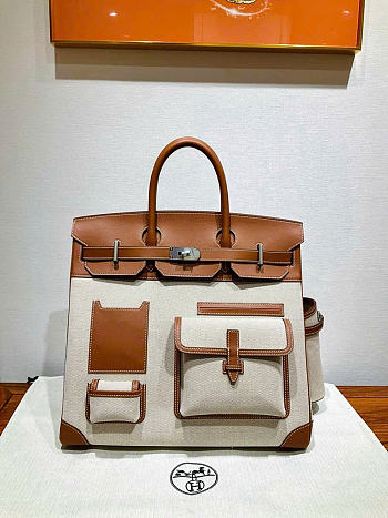Kitlife Hermes Birkin Cargo HAC 40cm Brown Swift Leather & Beige Canvas Patchwork Bag 