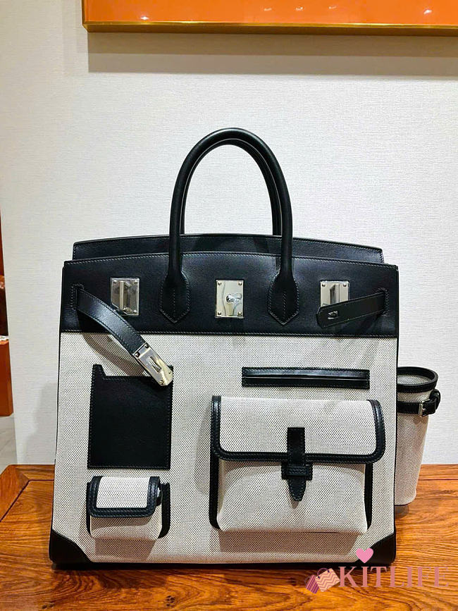 Kitlife Hermes Birkin Cargo HAC 40cm Black Swift Leather & Beige Canvas Patchwork Bag  - 1