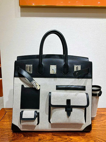 Kitlife Hermes Birkin Cargo HAC 40cm Black Swift Leather & Beige Canvas Patchwork Bag 