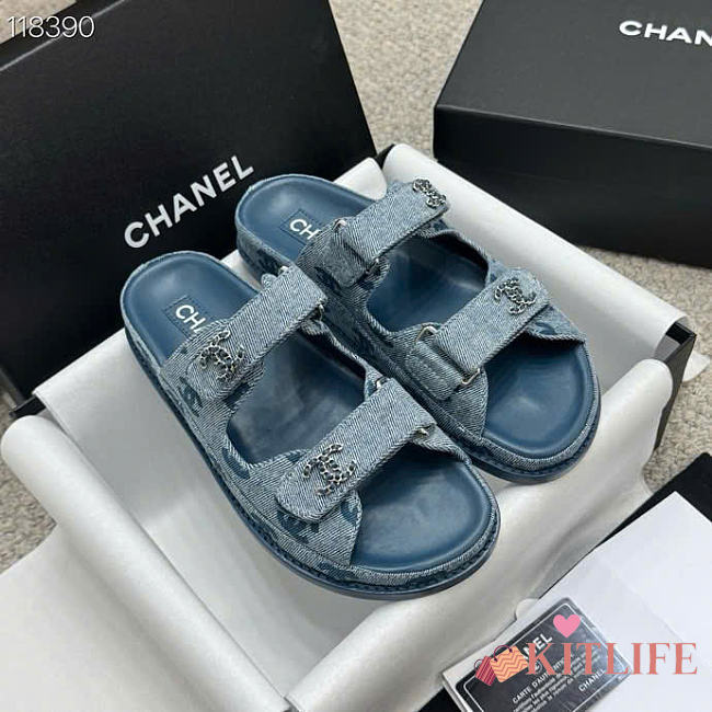 Kitlife Chanel Blue Denim CC Velcro Dad Chain CC Slide Sandals - 1