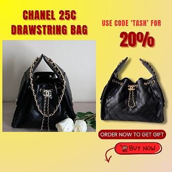 Kitlife Chanel 25C Drawstring Bucket Hobo Bag Black Grained Leather 30×26×14cm