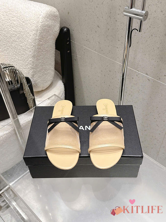 Kitlife Chanel Bow-tie Mesh Mules Beige - 1