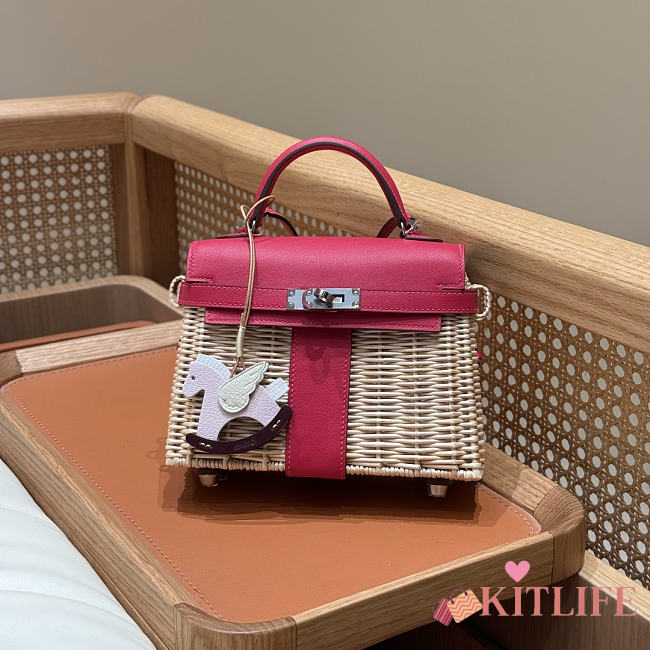 Kitlife Hermes Wicker Swift Picnic Mini Kelly Bag in Natural and Pink 20x18x12cm  - 1