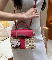 Kitlife Hermes Wicker Swift Picnic Mini Kelly Bag in Natural and Pink 20x18x12cm  - 4