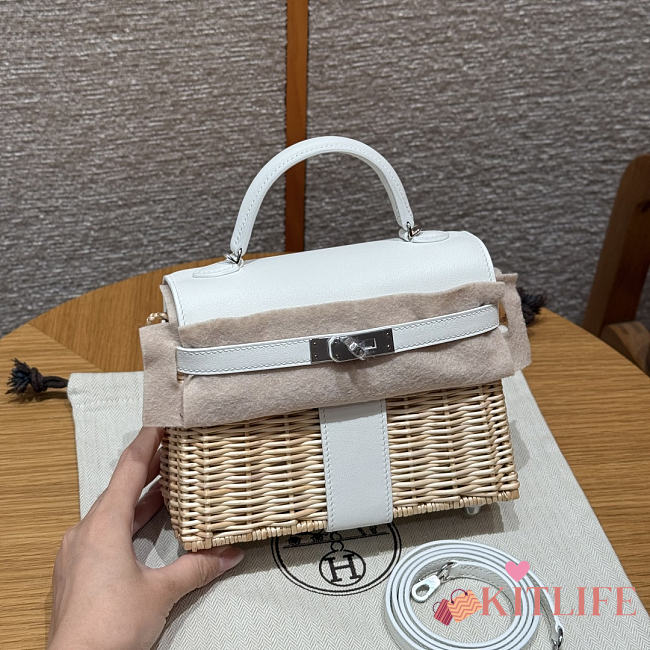 Kitlife Hermes Wicker Swift Picnic Mini Kelly Bag in Natural and White 20x18x12cm  - 1
