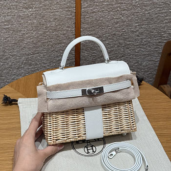 Kitlife Hermes Wicker Swift Picnic Mini Kelly Bag in Natural and White 20x18x12cm 