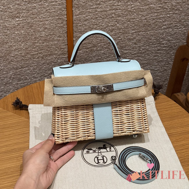 Kitlife Hermes Wicker Swift Picnic Mini Kelly Bag in Natural and Blue 20x18x12cm  - 1