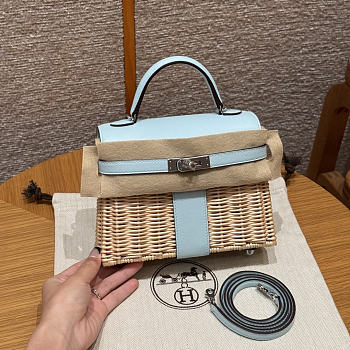 Kitlife Hermes Wicker Swift Picnic Mini Kelly Bag in Natural and Blue 20x18x12cm 