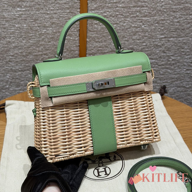 Kitlife Hermes Wicker Swift Picnic Mini Kelly Bag in Natural and Green 20x18x12cm  - 1