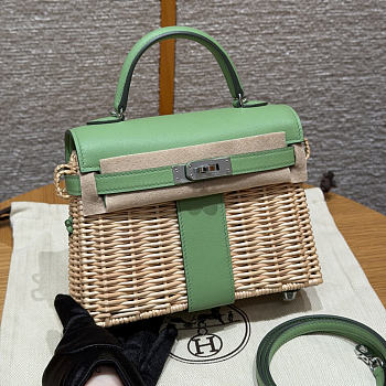 Kitlife Hermes Wicker Swift Picnic Mini Kelly Bag in Natural and Green 20x18x12cm 