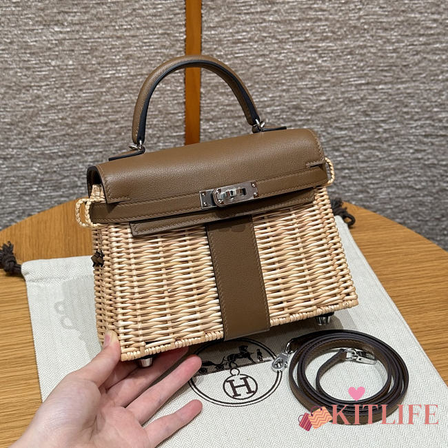 Kitlife Hermes Wicker Swift Picnic Mini Kelly Bag in Natural and Taupe 20x18x12cm  - 1