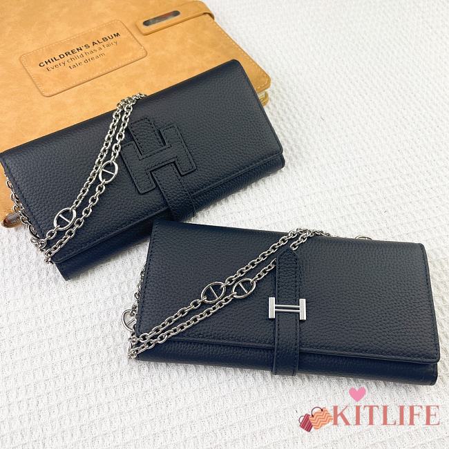 Kitlife Hermes H Passant Toutenmain Wallet Black Togo Leather 19x11cm - 1