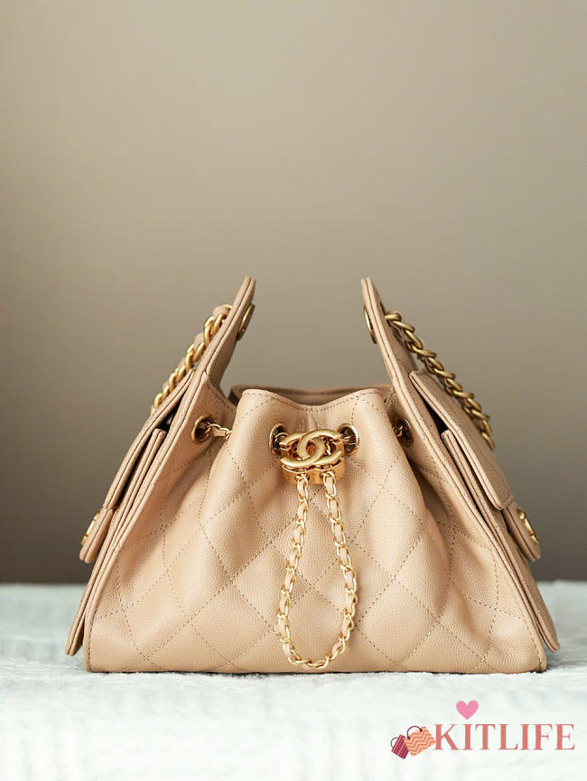 Kitlife Chanel 25s Drawstring Bucket Hobo Bag Beige Grained Leather 20x22x12.5cm  - 1