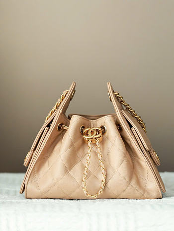 Kitlife Chanel 25s Drawstring Bucket Hobo Bag Beige Grained Leather 20x22x12.5cm 