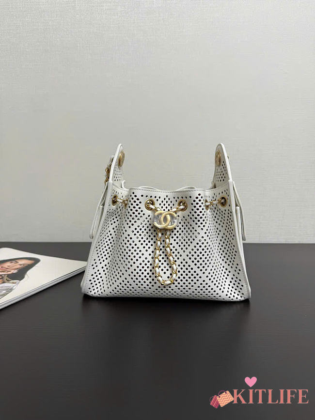 Kitlife Chanel 25C Drawstring Bucket Hobo Bag White Perforated Calfskin & Gold-colored Metal AS5293 30×26×14cm - 1