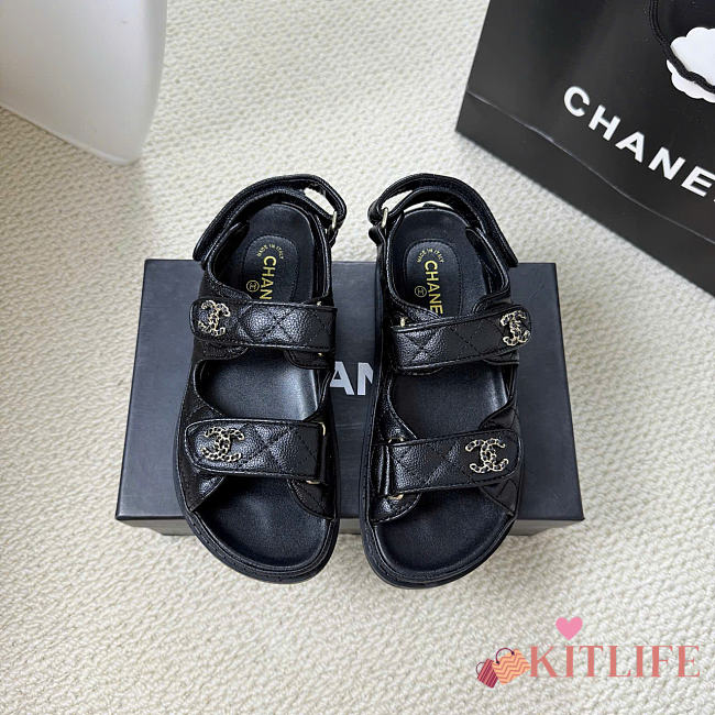 Kitlife Chanel Grained Calfskin Velcro Dad Sandals Black  - 1