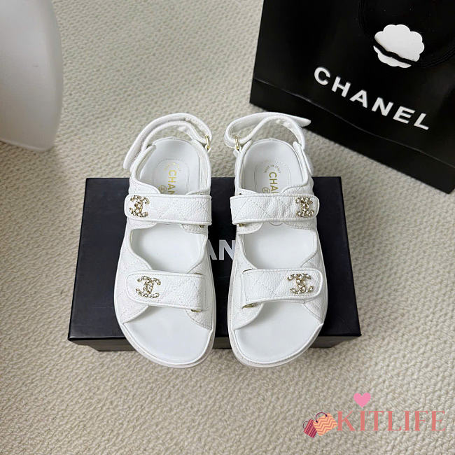 Kitlife Chanel Grained Calfskin Velcro Dad Sandals White - 1