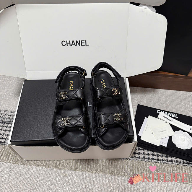 Kitlife Chanel Lambskin Quilted Velcro Dad Sandal Black - 1