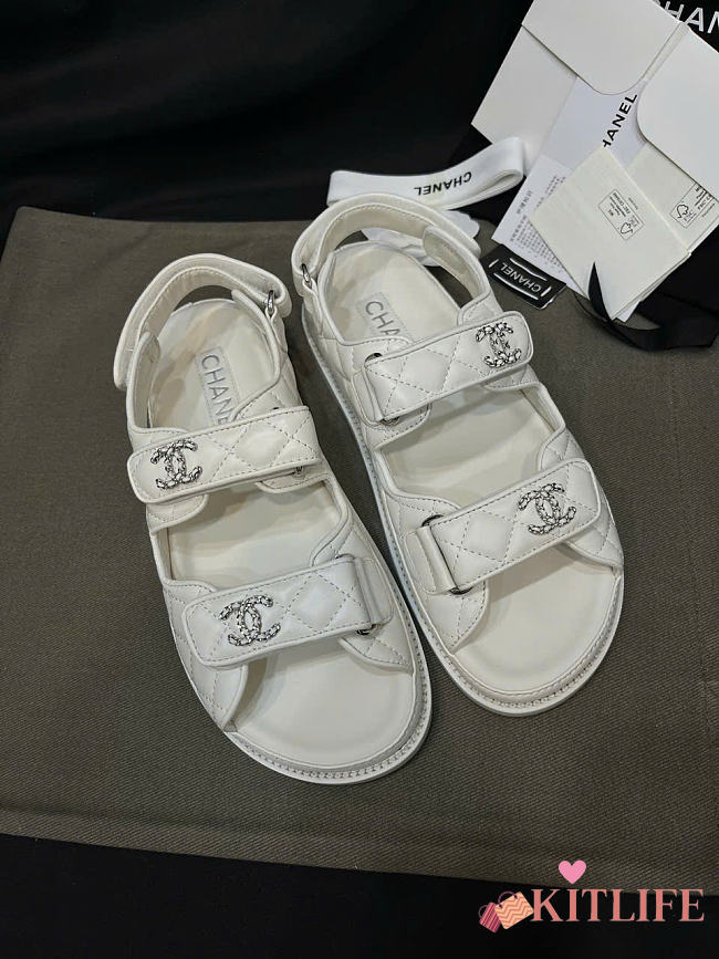 Kitlife Chanel Lambskin Quilted Velcro Dad Sandal White - 1