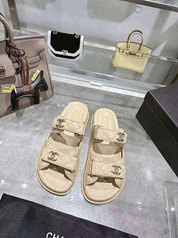 Kitlife Chanel Lambskin Quilted Velcro Dad Chain CC Slide Sandals Beige 