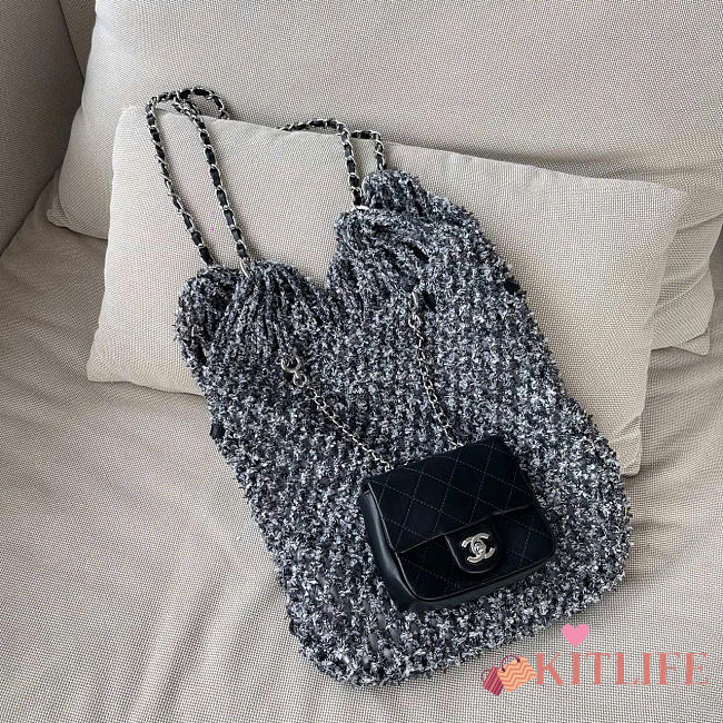 Kitlife Chanel Tweed Bucket Drawstring Bag Grey & Black 30x40x60cm - 1