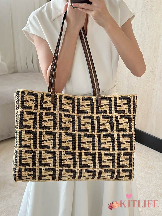 Kitlife Fendi Roll Raffia Tote Bag Brown 8659L 35x19x31cm - 1