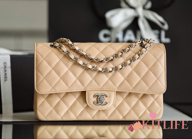 Kitlife Chanel Classic Flap Bag In Beige Caviar Leather With Silver Hardware 25.5x15.5x6.5cm - 1