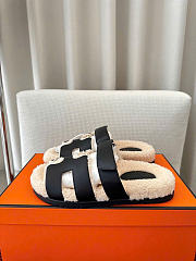 Kitlife Hermes Chypre Shearling Sandals Black Leather - 6