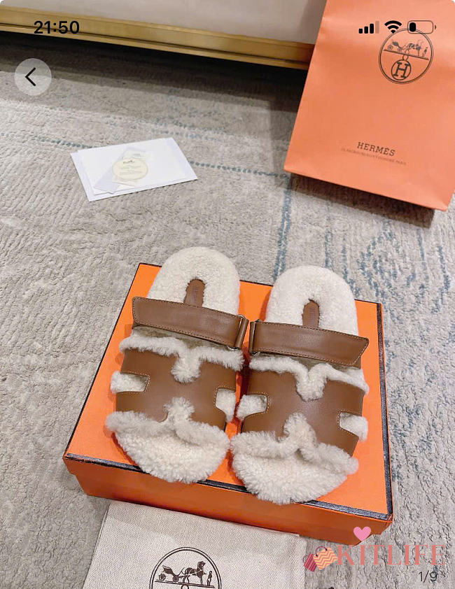 Kitlife Hermes Chypre Shearling Sandals Brown Leather - 1