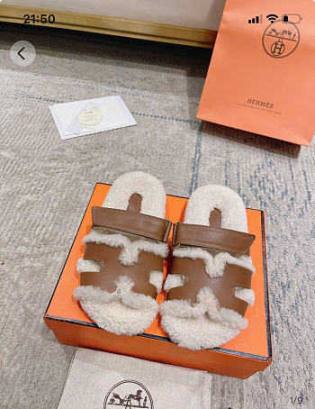 Kitlife Hermes Chypre Shearling Sandals Brown Leather