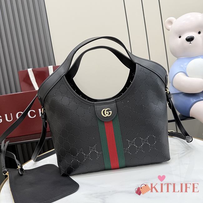 Kitlife Gucci Giglio Small Tote Bag Black Soft Perforated GG Leather ‎860845 25x20x15cm - 1