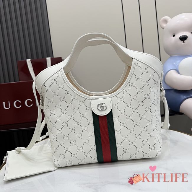 Kitlife Gucci Giglio Small Tote Bag White Soft Perforated GG Leather ‎860845 25x20x15cm  - 1